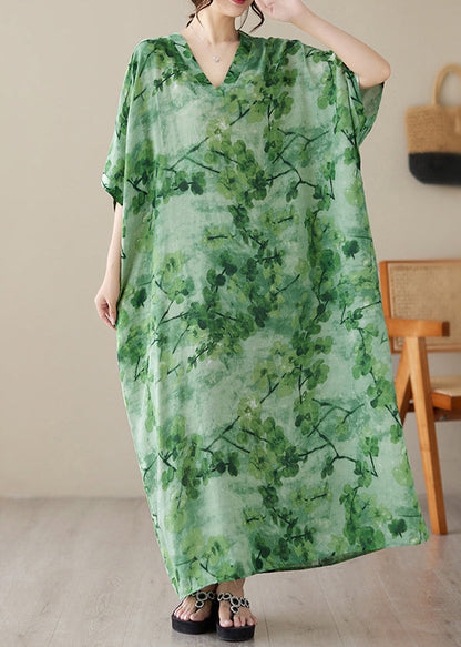 Green V Neck Print Maxi Beach Dress Short Sleeve