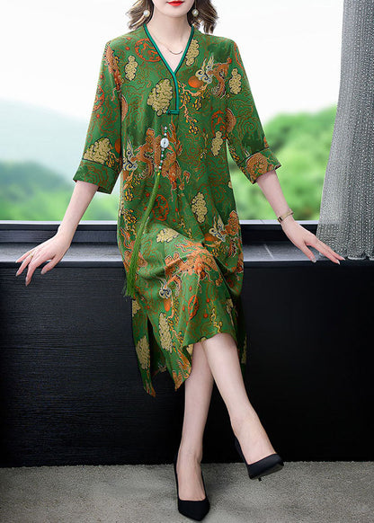Green V Neck Print Patchwork Silk Mid Dress Summer