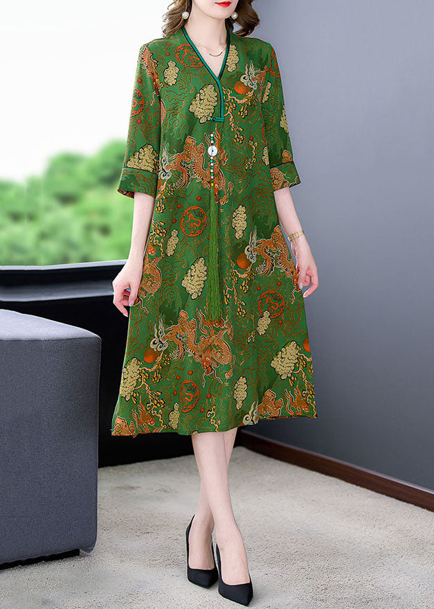 Green V Neck Print Patchwork Silk Mid Dress Summer