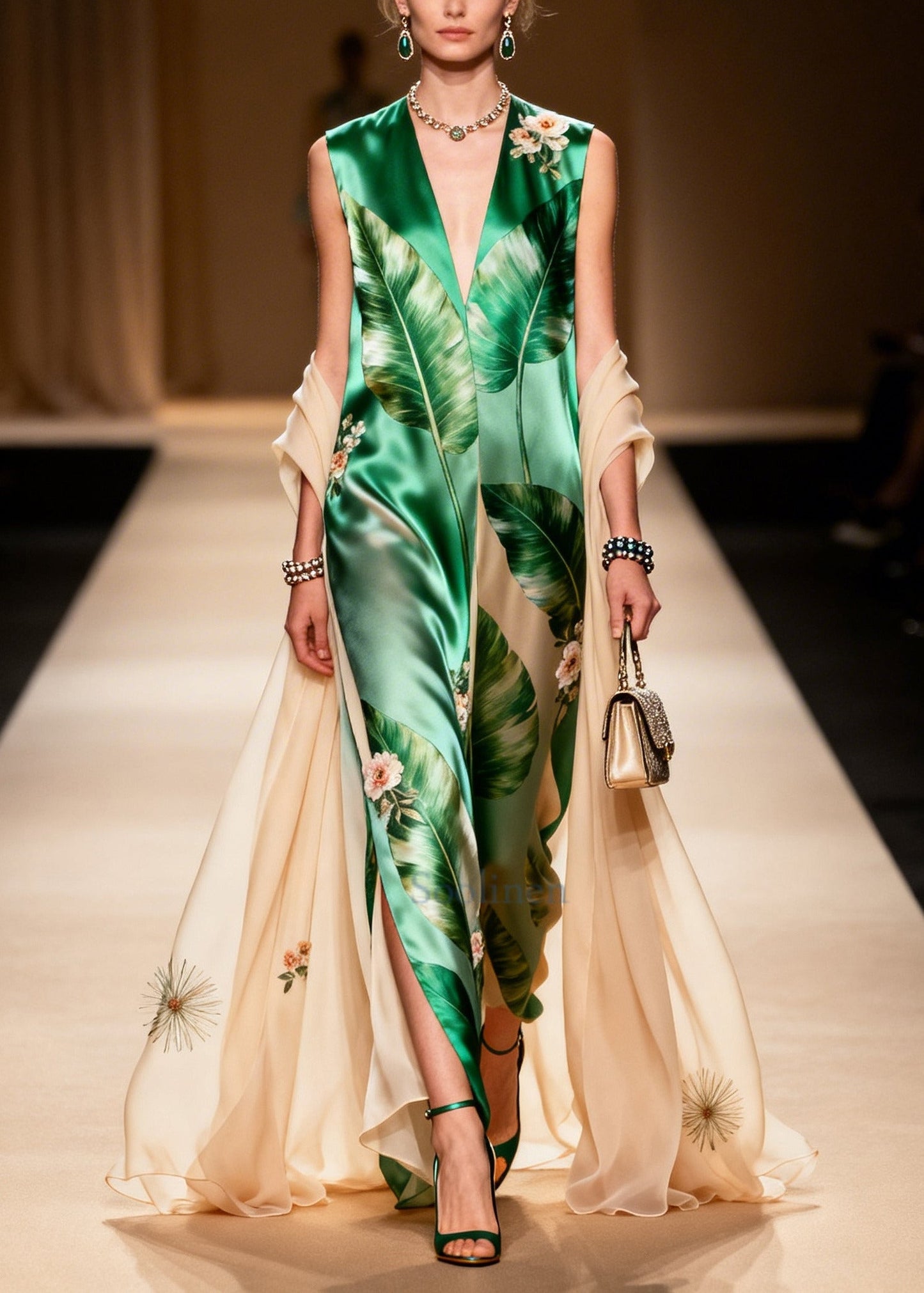 Green V Neck Print With Shawl Silk Long Dresses Summer