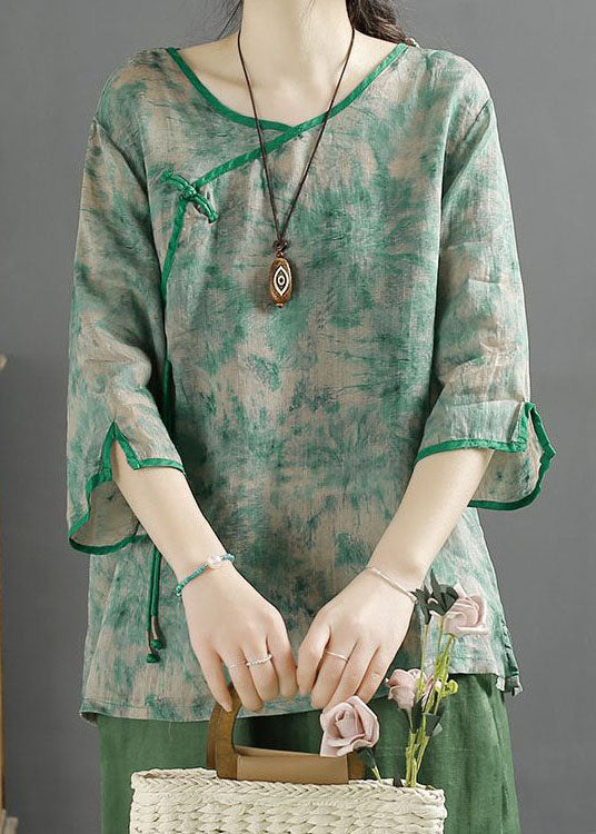 Green V Neck Tasseled Print Patchwork Linen Tops Summer