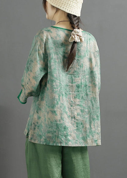 Green V Neck Tasseled Print Patchwork Linen Tops Summer