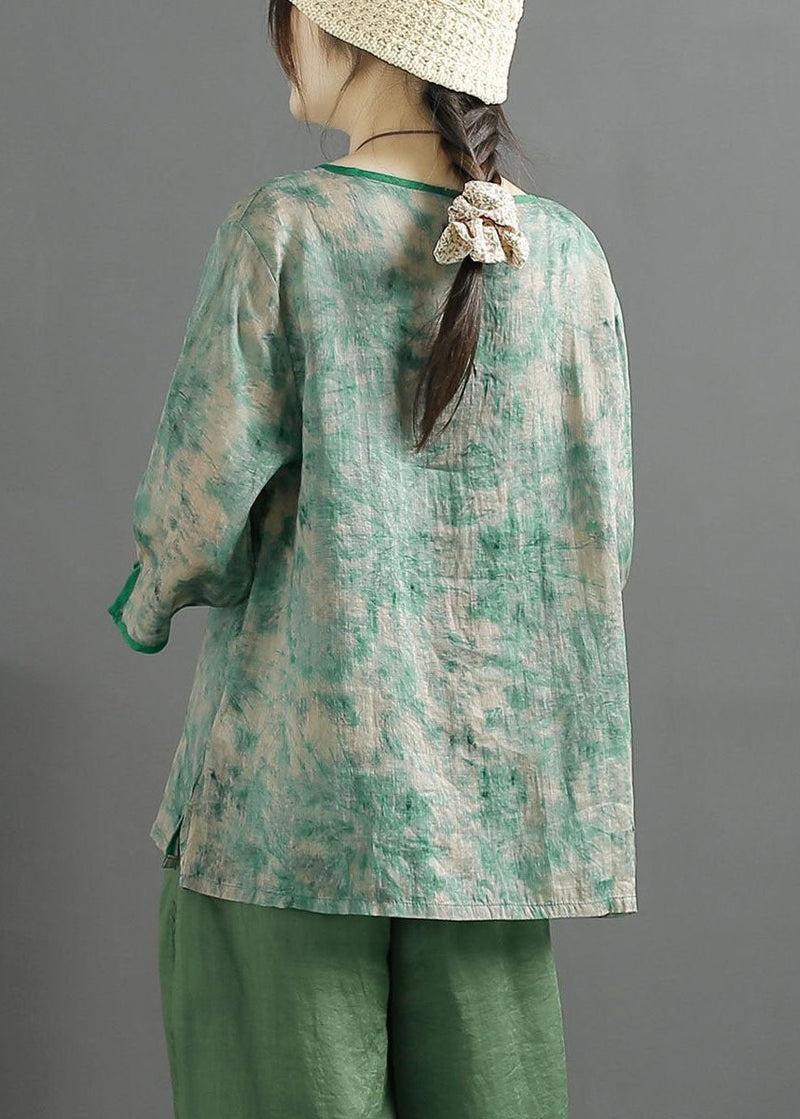 Green V Neck Tasseled Print Patchwork Linen Tops Summer