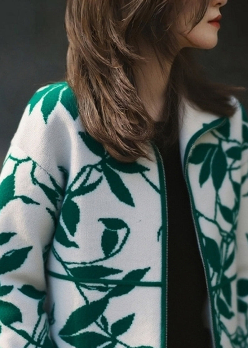 Green Zippered Patchwork Cotton Knit Cardigans Spring