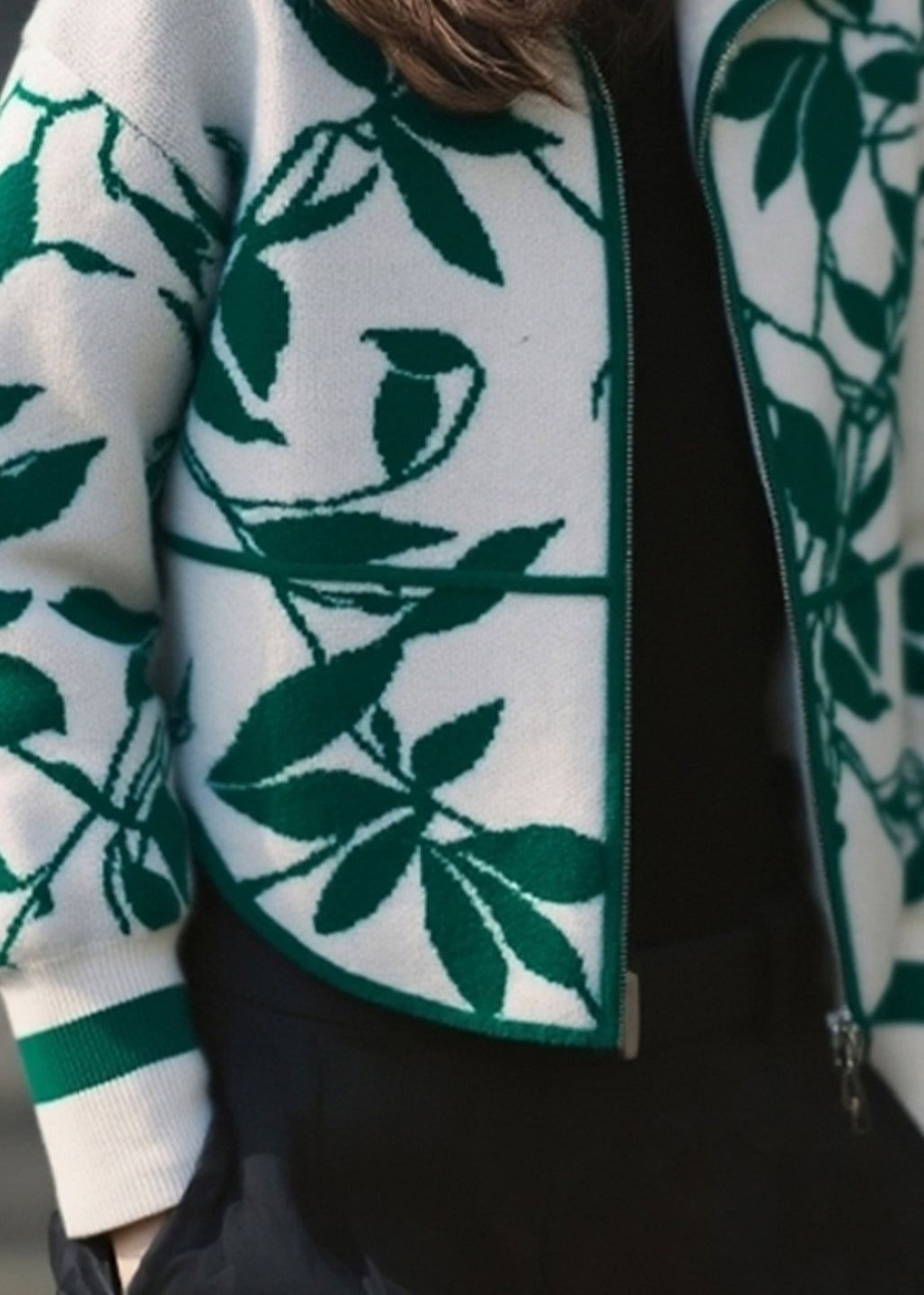 Green Zippered Patchwork Cotton Knit Cardigans Spring