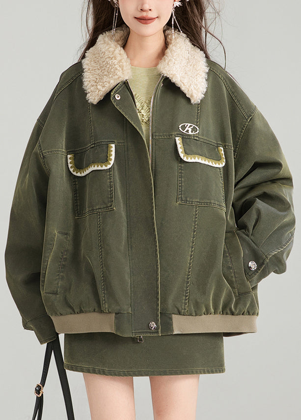 Green Zippered Pockets Patchwork Parka Spring