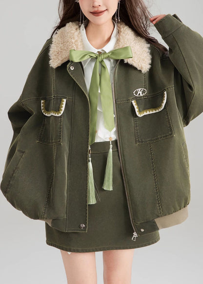 Green Zippered Pockets Patchwork Parka Spring