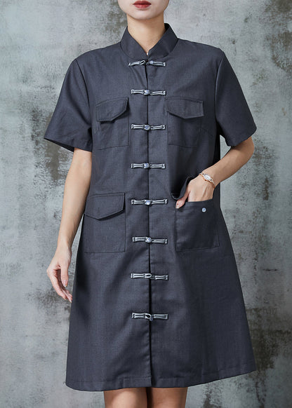 Grey Chinese Button Pockets Linen Dress Summer