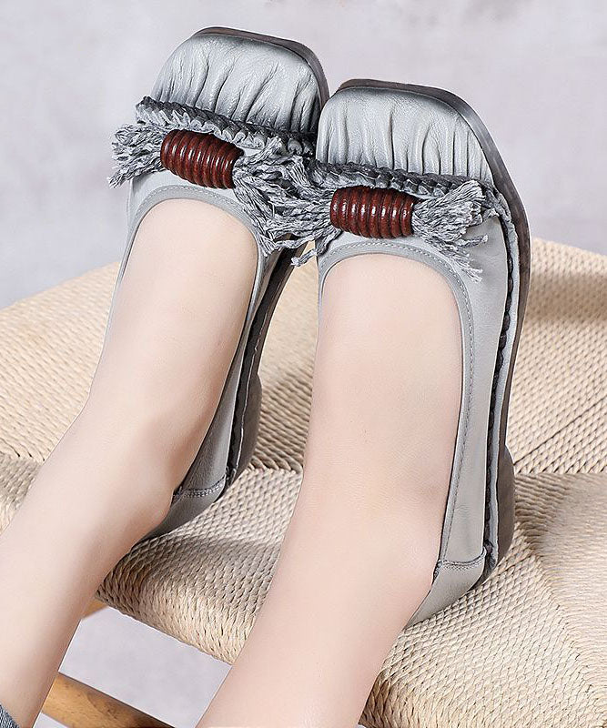 Grey Cowhide Leather Flat Shoes Splicing Flat Shoes