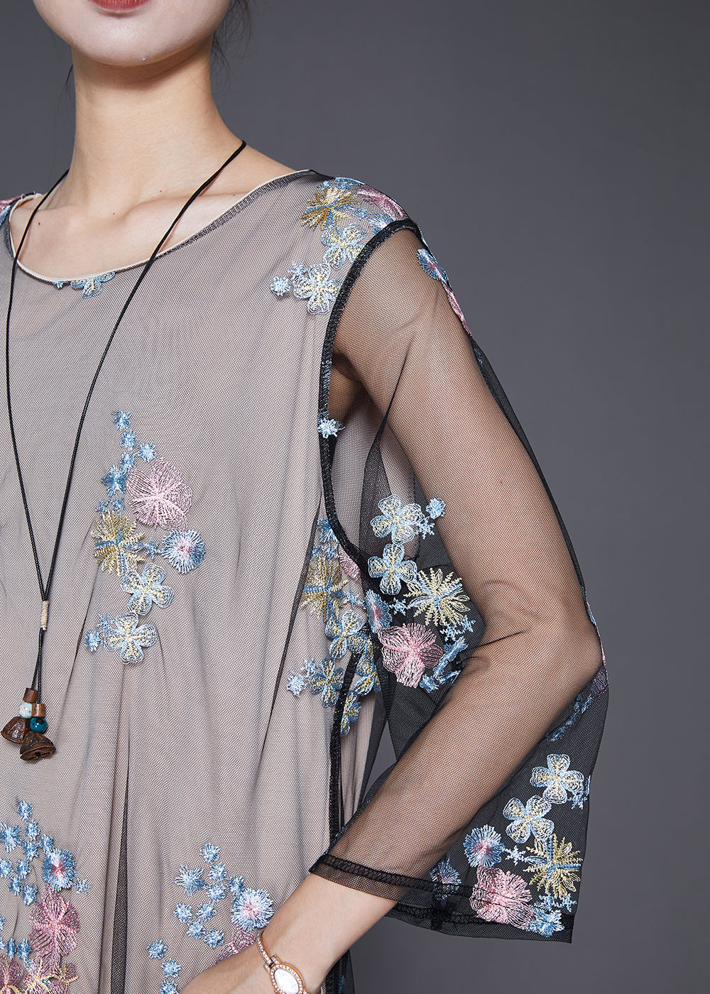 Grey Embroideried Hollow Out Tulle Maxi Dresses Fall