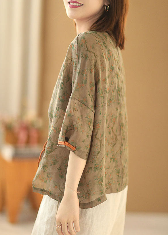Grey Green O-neck Print Oriental Button Side Open Linen Shirt Top Short Sleeve
