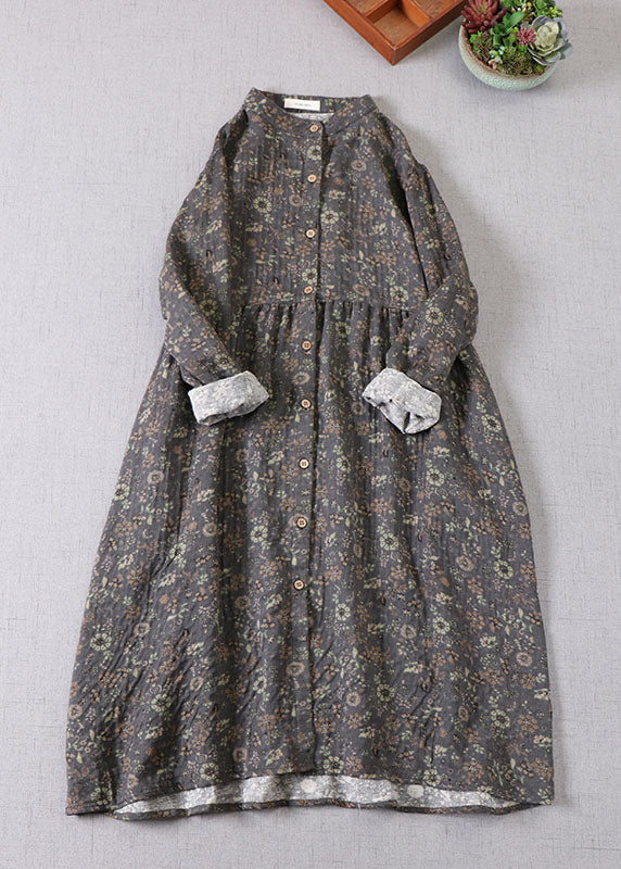 Grey Green Print Cotton Holiday Dress Spring