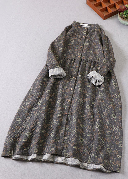 Grey Green Print Cotton Holiday Dress Spring