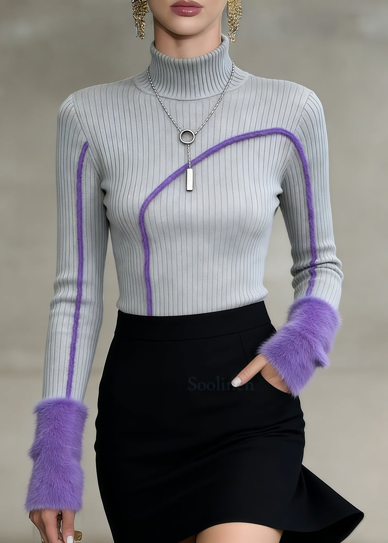 Grey High Neck Patchwork Faux Fur Sweater Tops Winter