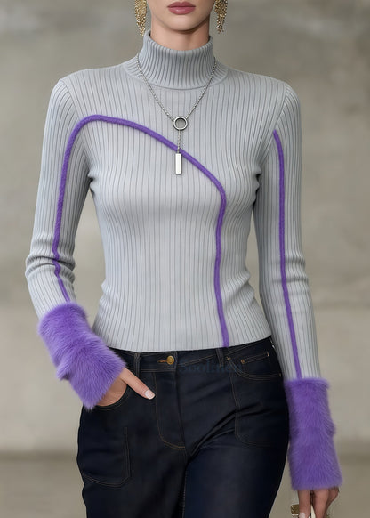 Grey High Neck Patchwork Faux Fur Sweater Tops Winter