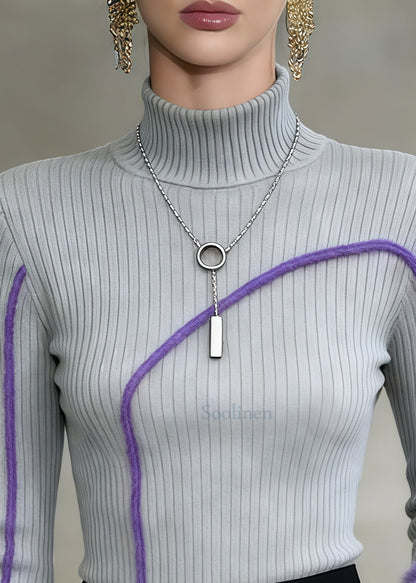 Grey High Neck Patchwork Faux Fur Sweater Tops Winter