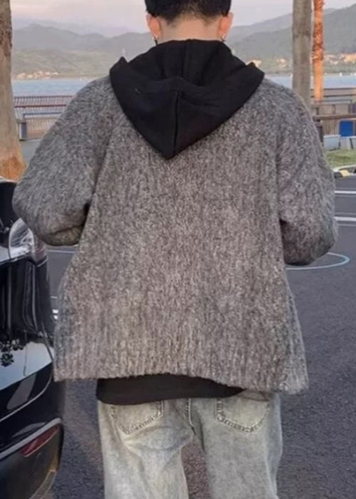 Grey Hooded Zippered Patchwork Knit Coats Spring