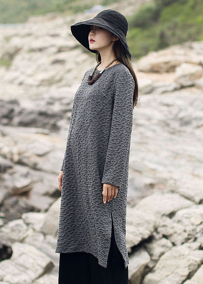 Grey Jacquard Side Open Knit Long Sweater Winter