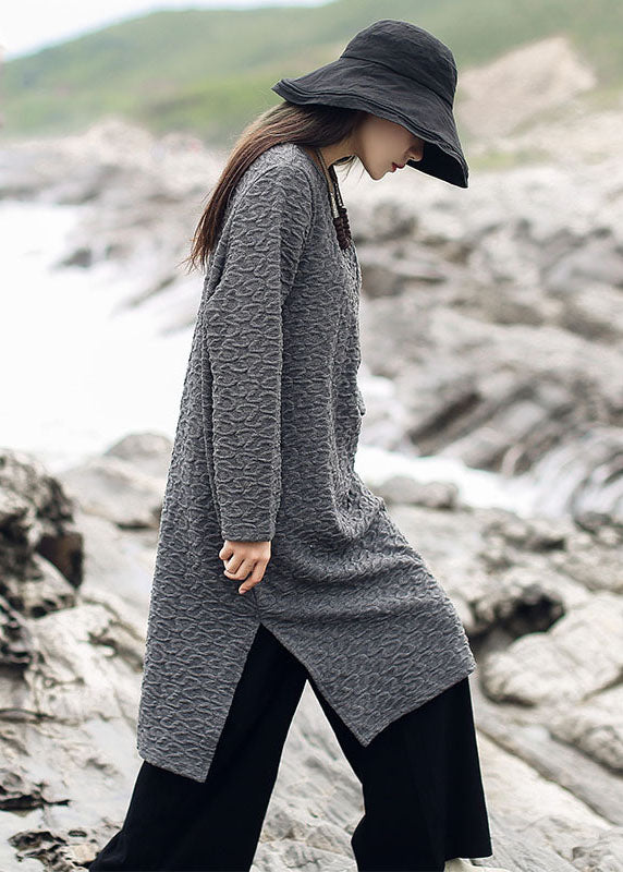 Grey Jacquard Side Open Knit Long Sweater Winter