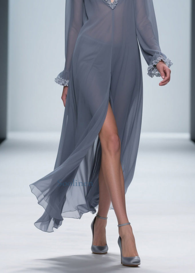 Grey Lace Side Open Chiffon Dress Flare Sleeve