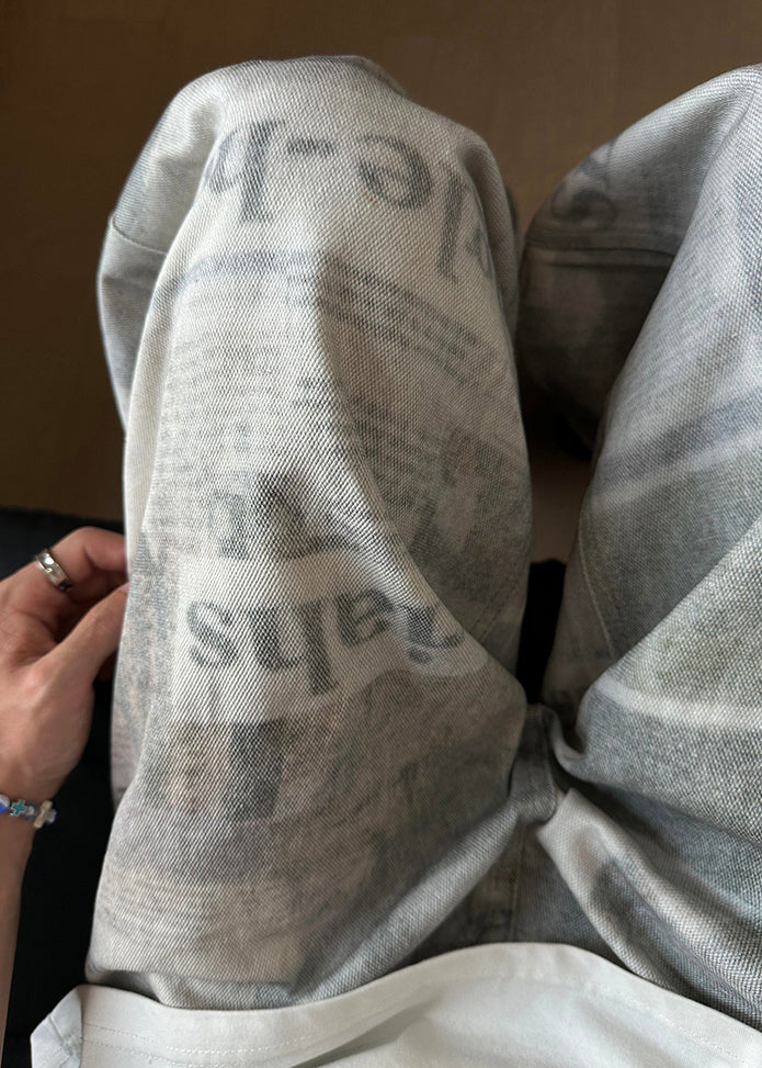 Grey Letter Print High Waist Denim Pants