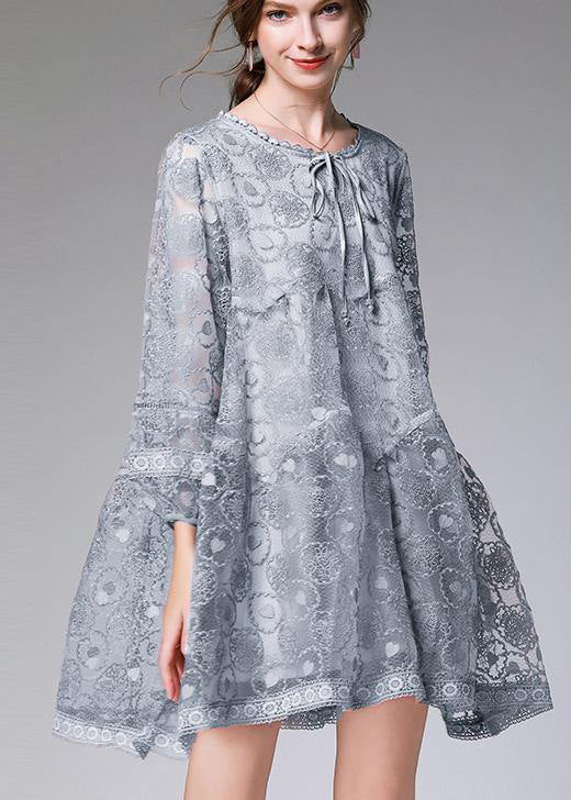 Grey Long Sleeve Lace Summer Maxi Dresses