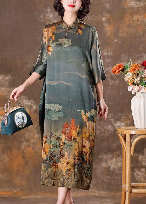 Grey Mandarin Collar Print Silk Long Dress Caftan Half Sleeve