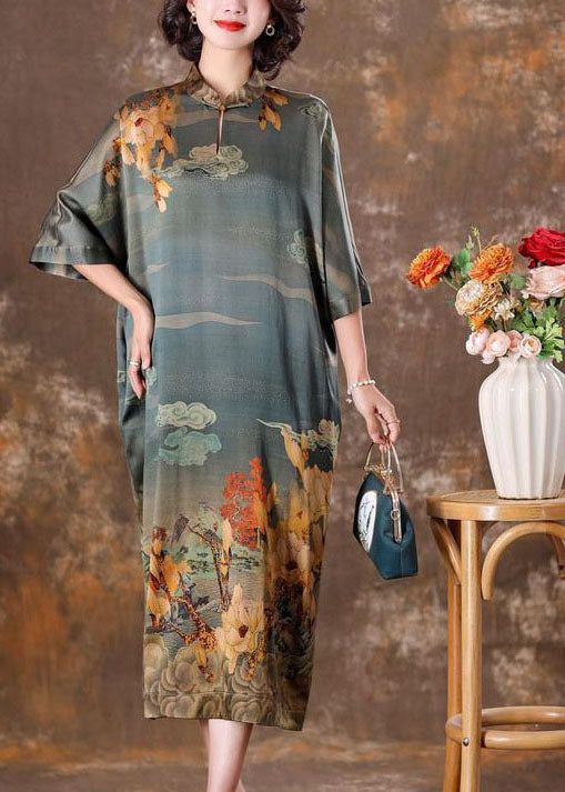 Grey Mandarin Collar Print Silk Long Dress Caftan Half Sleeve