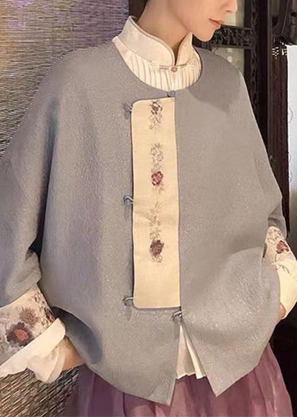 Grey O Neck Button Patchwork Woolen Jacket Winter