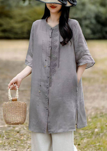 Grey O-neck Embroidered Long Linen Shirt Short Sleeve