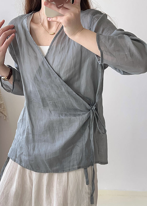 Grey Oversized Lace Up Linen Shirts Fall