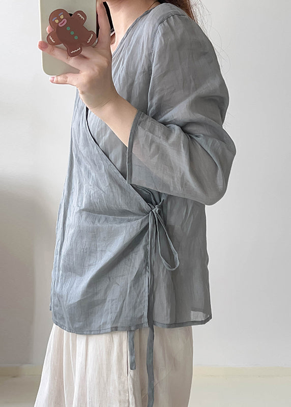 Grey Oversized Lace Up Linen Shirts Fall