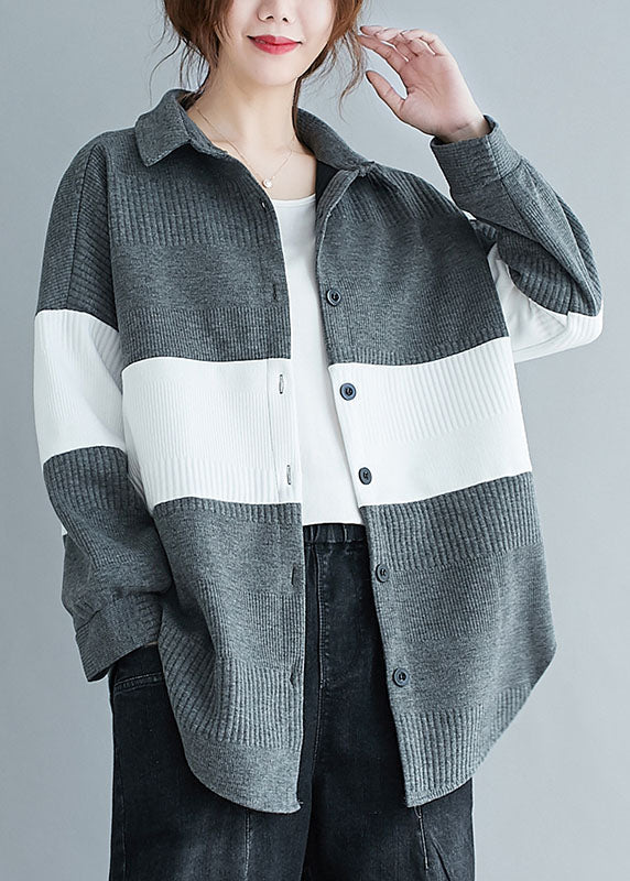 Vintage Grey Peter Pan Collar Button Patchwork Fall Shirt Top Long sleeve