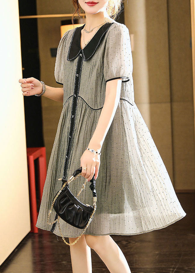 Grey Peter Pan Collar Wrinkled Patchwork Silk Dress Summer