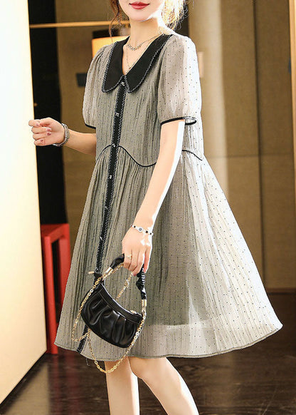 Grey Peter Pan Collar Wrinkled Patchwork Silk Dress Summer