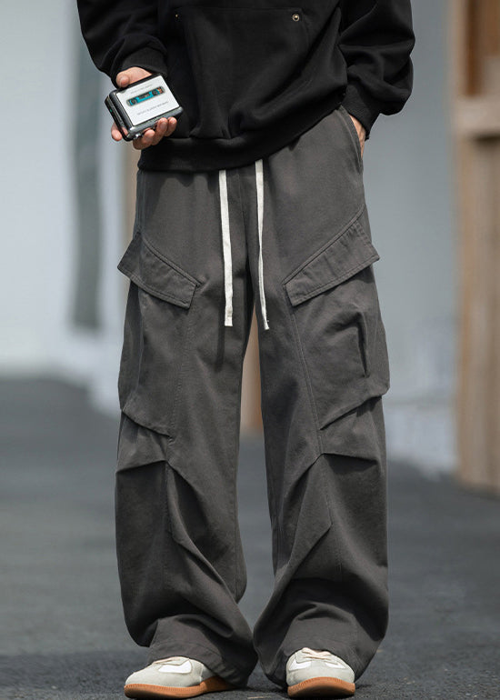 Grey Pockets Lace Up Elastic Waist Cotton Pants Spring