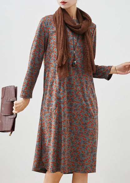 Grey Print Cotton Long Dress Spring