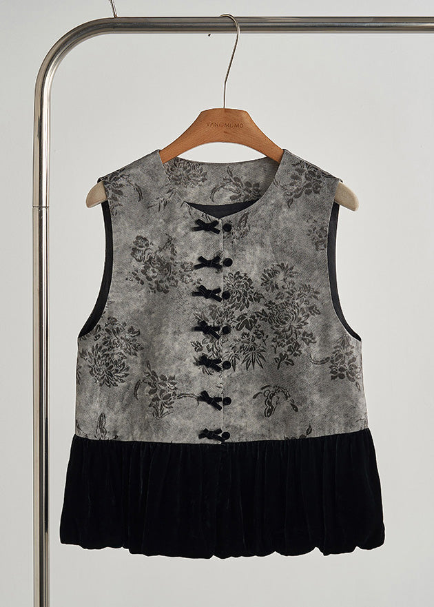 Grey Print Patchwork Silk Velour Vests Spring