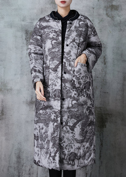 Grey Print Pockets Fine Cotton Filled Coats Winter