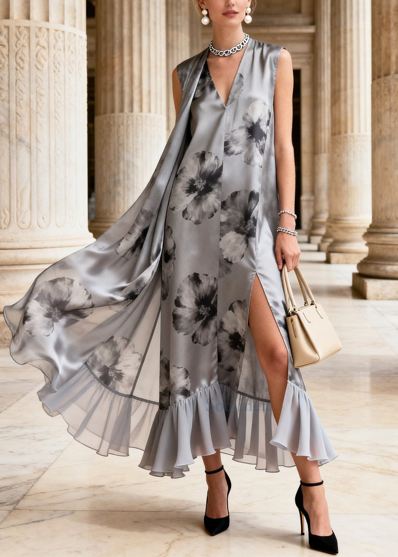 Grey Print Side Open Chiffon Long Dress Summer