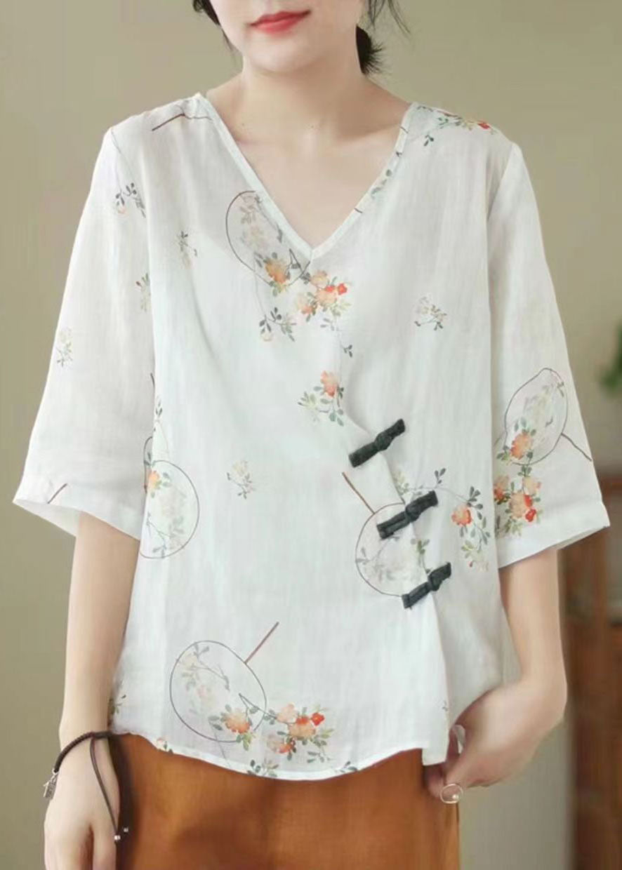 White V Neck Print Chinese Button Patchwork Linen Blouse Top Summer