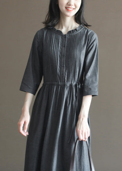 Grey Wrinkled Drawstring Ruffled Linen Dresses Bracelet Sleeve