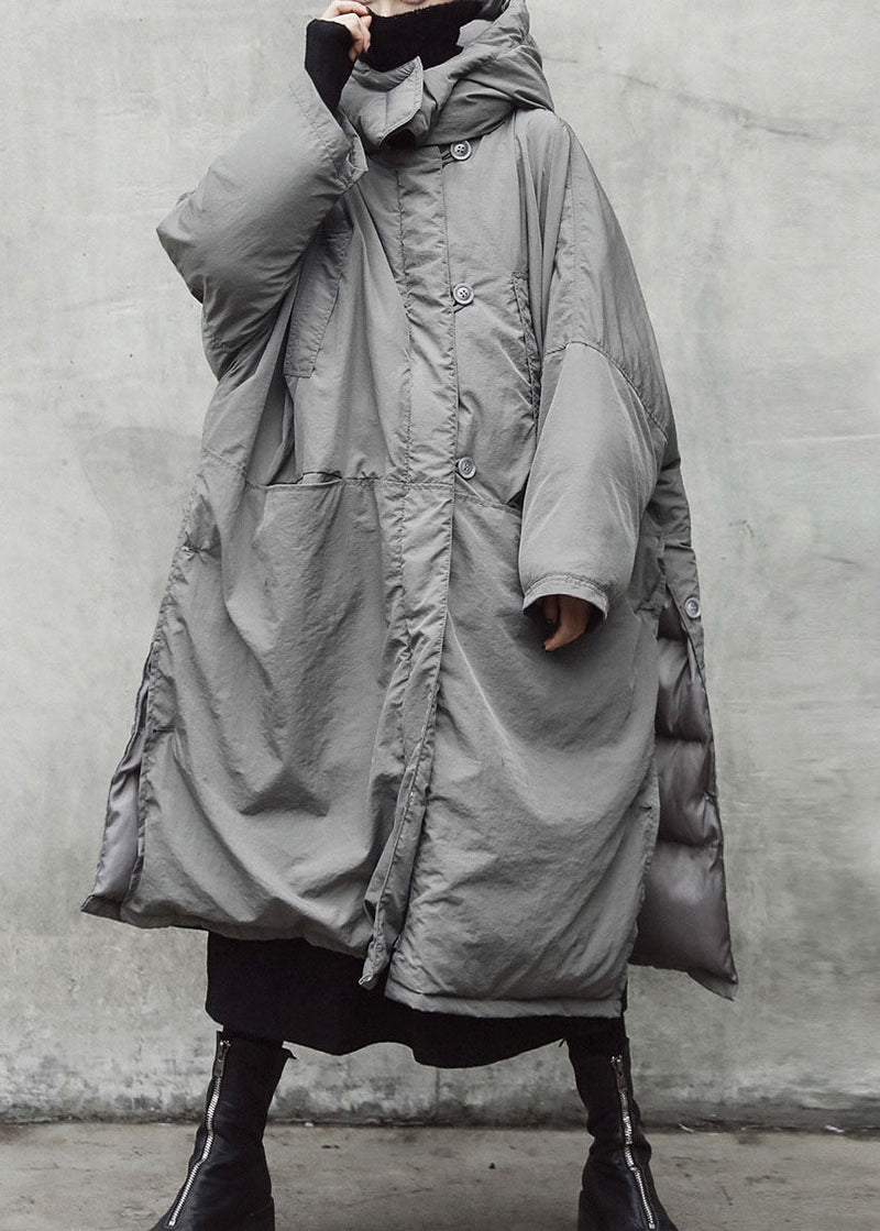 Grey Hooded Pockets Side Open Thick Winter Cotton Coat