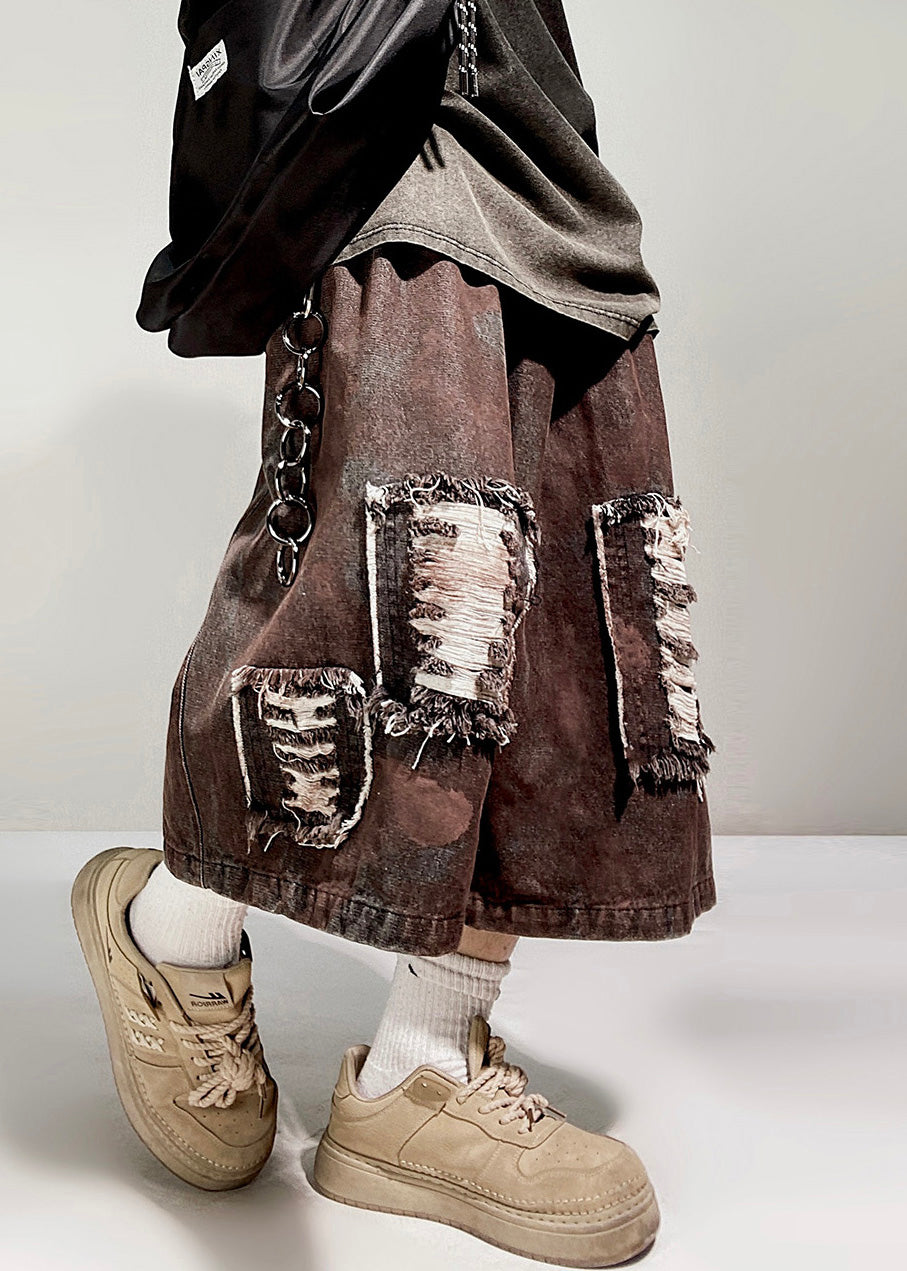 Hole Elastic Waist Oversized Denim Shorts Summer