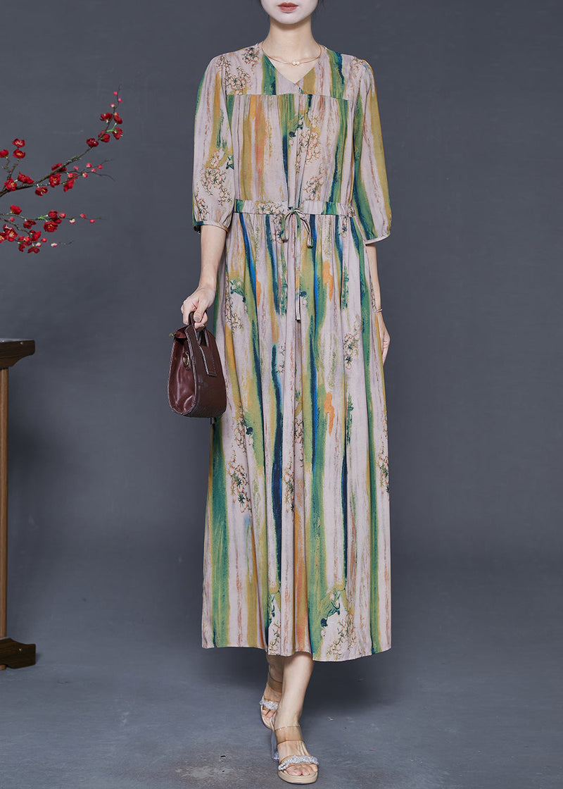 Khaki Cinched Print Silk Dress Summer