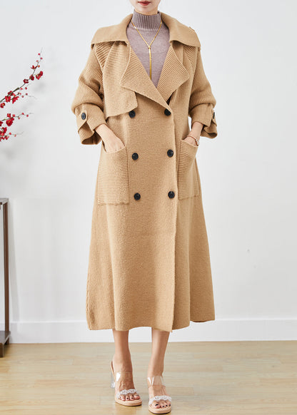 Khaki Double Breast Pockets Knit Trench Coats Fall