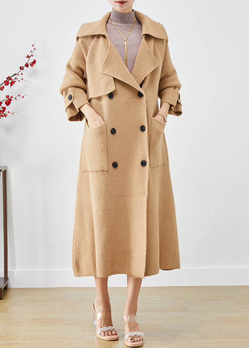 Khaki Double Breast Pockets Knit Trench Coats Fall