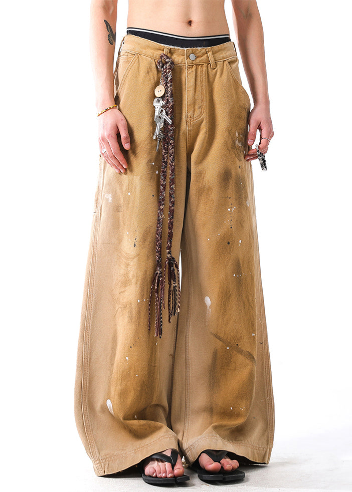 Khaki Hole Graffiti Pockets Denim Wide Leg Pants Fall