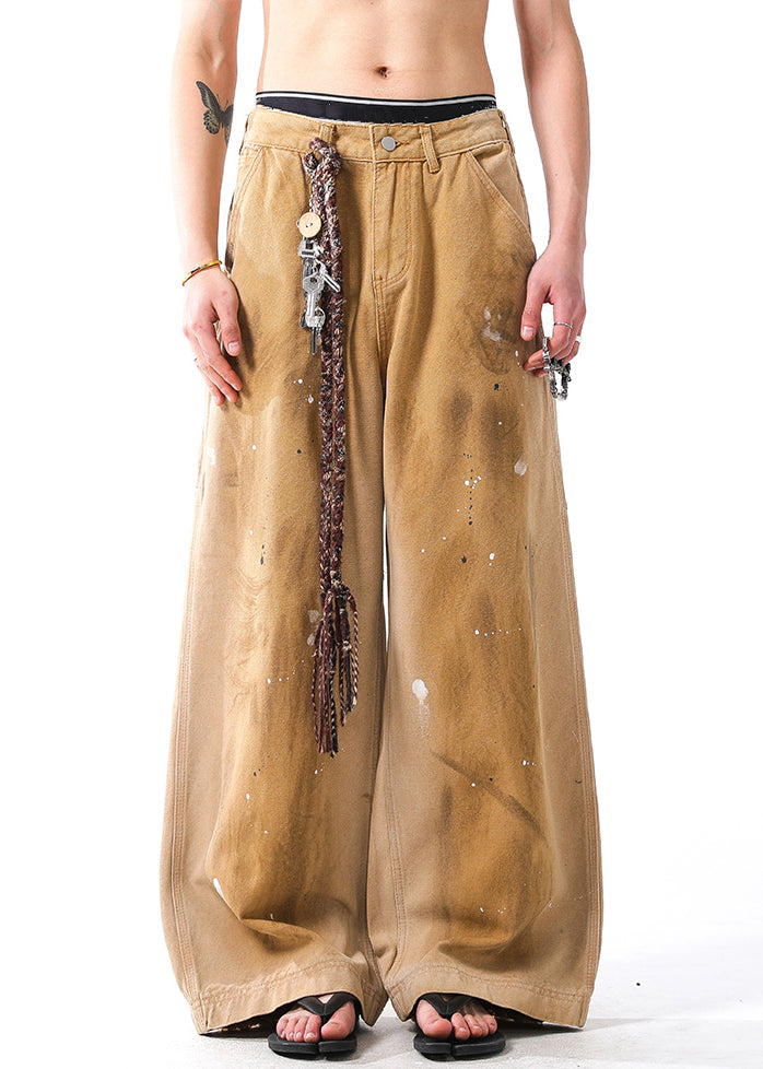 Khaki Hole Graffiti Pockets Denim Wide Leg Pants Fall