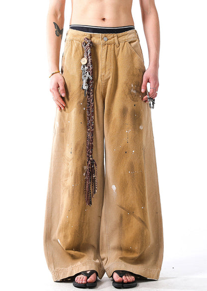 Khaki Hole Graffiti Pockets Denim Wide Leg Pants Fall